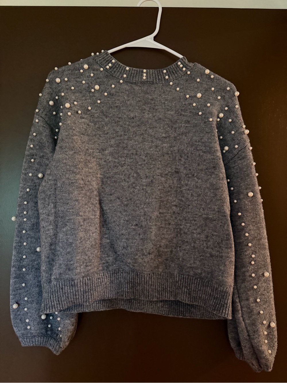 Vici Gray Crewneck Sweater with Pearl Beading
